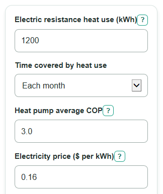 Example inputs for Heat Pump vs Electric Resistance Heating Calculator