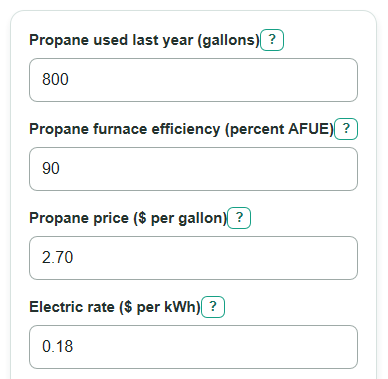 Example inputs for Heat Pump vs Propane Calculator