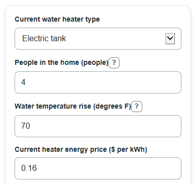 Example inputs for Heat Pump Water Heater Savings Calculator