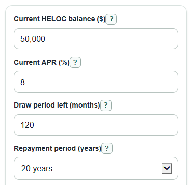 Example inputs for HELOC Draw Period Calculator