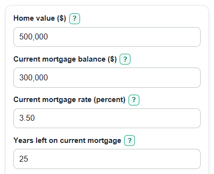Example inputs for HELOC vs Cash-Out Refinance Calculator