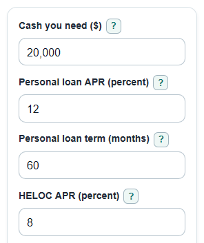 Example inputs for HELOC vs Personal Loan Calculator