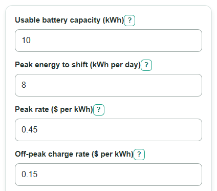 Example inputs for Home Battery Time-of-Use Savings Calculator