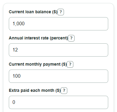 Example inputs for Home Equity Loan Early Payoff Calculator