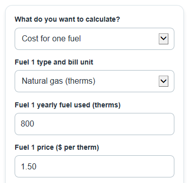Example inputs for Home Heating Fuel Cost Calculator
