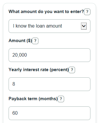 Example inputs for Home Improvement Loan Calculator