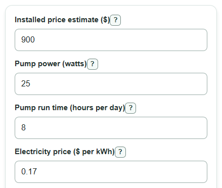 Example inputs for Hot Water Recirculation Pump Cost Calculator