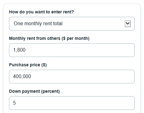 Example inputs for House Hack Calculator