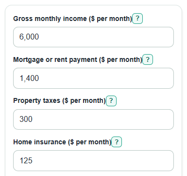 Example inputs for Housing Expense Ratio Calculator