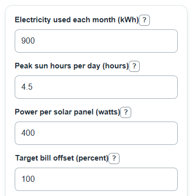 Example inputs for How Many Solar Panels Do I Need Calculator