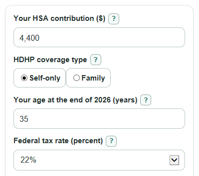 Example inputs for HSA Tax Savings Calculator