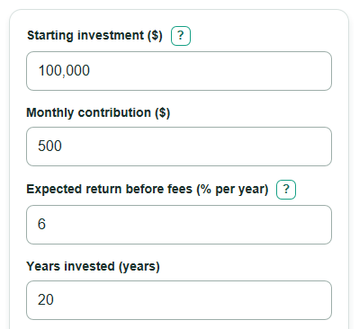 Example inputs for Investment Fee Calculator