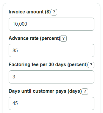 Example inputs for Invoice Factoring Cost Calculator