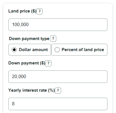 Example inputs for Land Loan Calculator