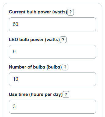 Example inputs for LED Bulb Replacement Calculator
