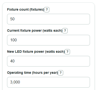 Example inputs for LED Retrofit Savings Calculator