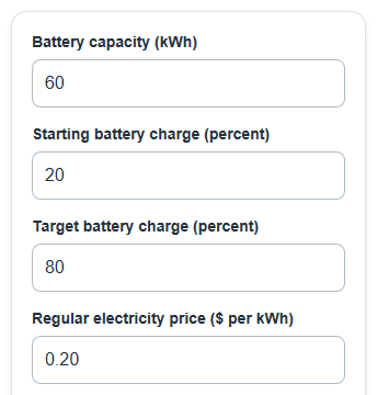 Example inputs for Level 1 vs Level 2 EV Charging Calculator