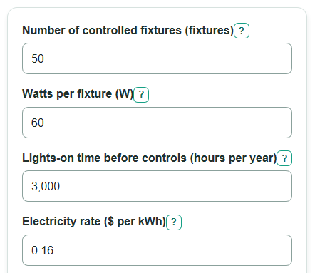 Example inputs for Lighting Controls Savings Calculator