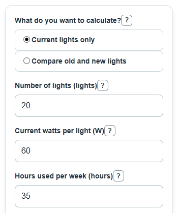 Example inputs for Lighting Energy Cost Calculator