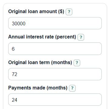 Example inputs for Loan Balance Calculator