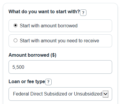 Example inputs for Loan Origination Fee Calculator