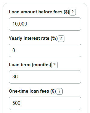 Example inputs for Loan Payment with Fees Calculator