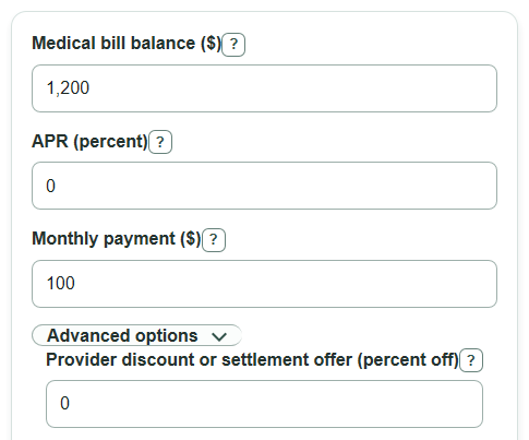 Example inputs for Medical Debt Payoff Calculator