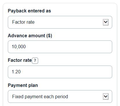 Example inputs for Merchant Cash Advance APR Calculator