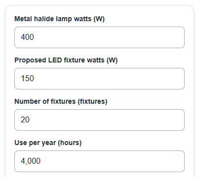 Example inputs for Metal Halide to LED Conversion Calculator
