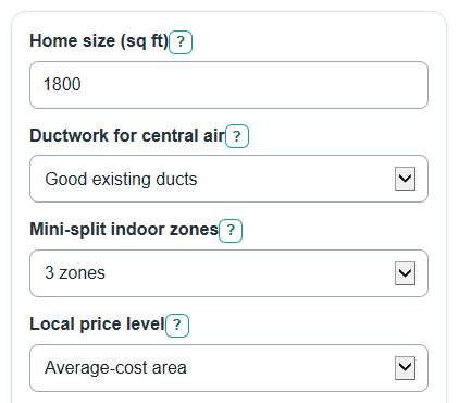 Example inputs for Mini Split vs Central Air Cost Calculator