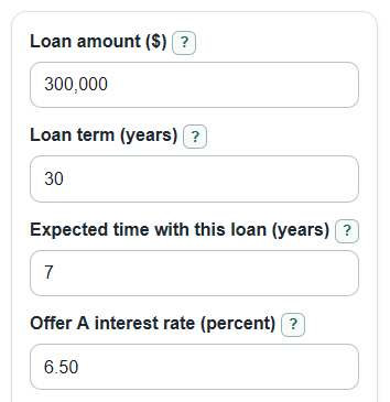 Example inputs for Mortgage APR Comparison Calculator