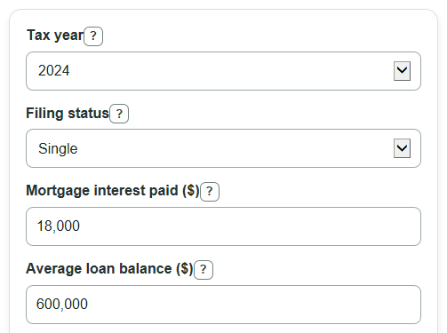 Example inputs for Mortgage Interest Tax Deduction Calculator