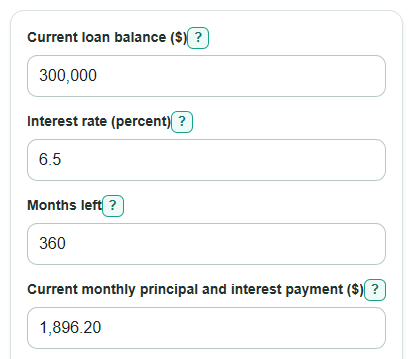 Example inputs for Mortgage Payment Increase Calculator