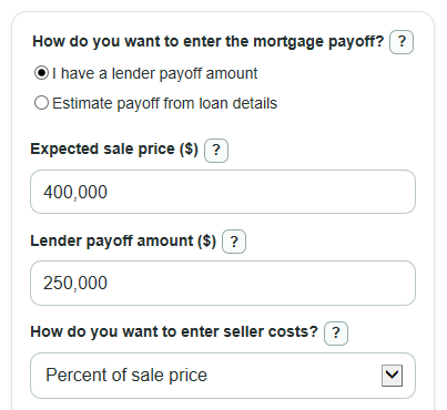 Example inputs for Mortgage Payoff at Sale Calculator