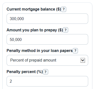 Example inputs for Mortgage Prepayment Penalty Calculator
