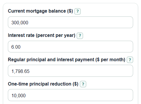Example inputs for Mortgage Principal Reduction Calculator