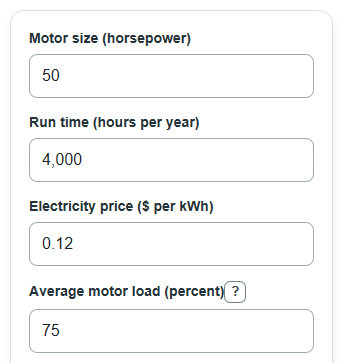 Example inputs for Motor Replace vs Rewind Calculator