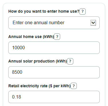 Example inputs for Net Metering Savings Calculator