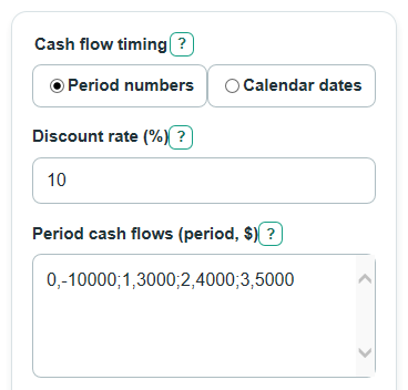 Example inputs for Net Present Value Calculator