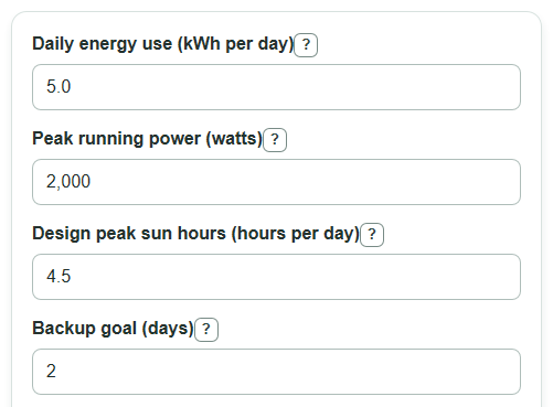 Example inputs for Off-Grid Solar System Size Calculator