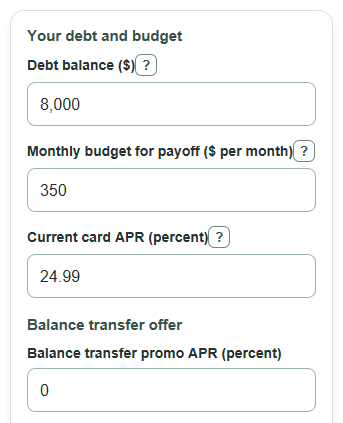 Example inputs for Personal Loan vs Balance Transfer Calculator