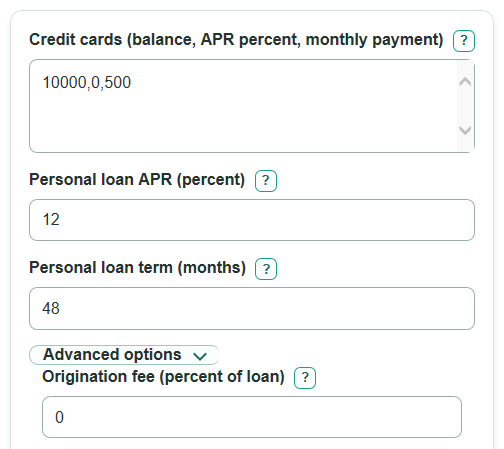 Example inputs for Personal Loan vs Credit Card Payoff Calculator