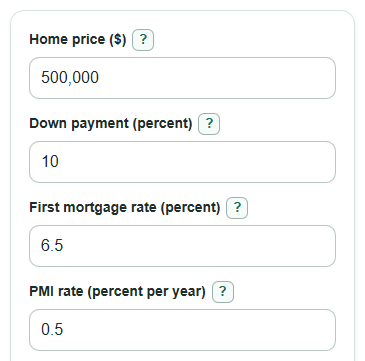 Example inputs for PMI vs Piggyback Loan Calculator