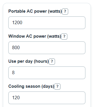 Example inputs for Portable AC vs Window AC Cost Calculator