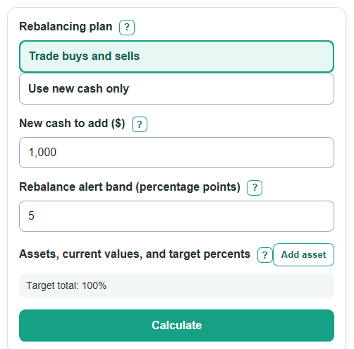 Example inputs for Portfolio Rebalancing Calculator