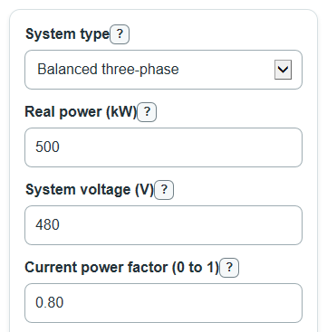 Example inputs for Power Factor Correction Calculator
