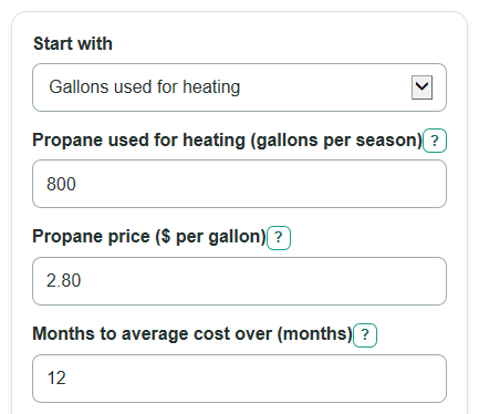 Example inputs for Propane Heating Cost Calculator