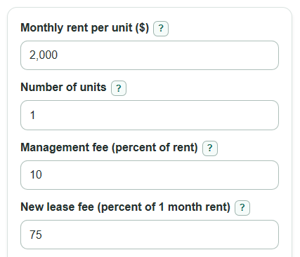 Example inputs for Property Management Fee Calculator
