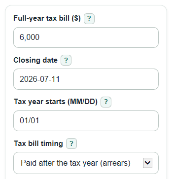 Example inputs for Property Tax Proration Calculator