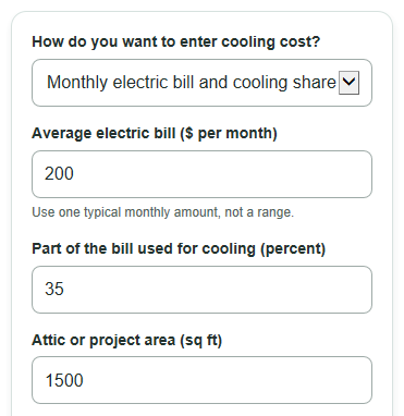Example inputs for Radiant Barrier Savings Calculator